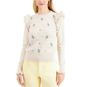 Charter Club Long Sleeve Ruffle Embroidered Floral Sweater Beige Women's Petite